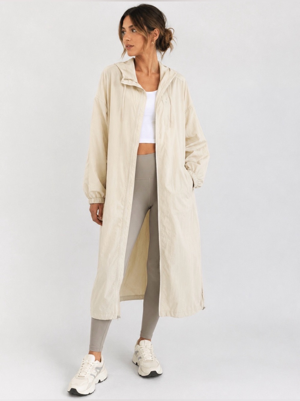 Zara Hooded Longline Lightweight Zip Jacket Cream Size M